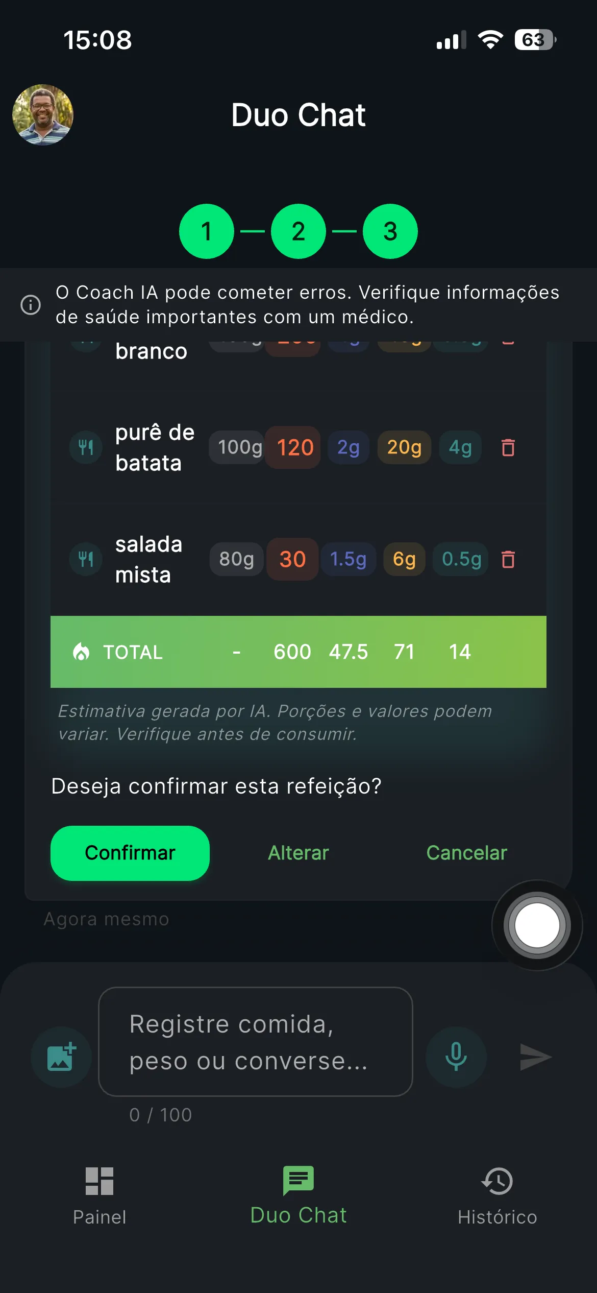 Tela de confirmação de refeição com totais nutricionais