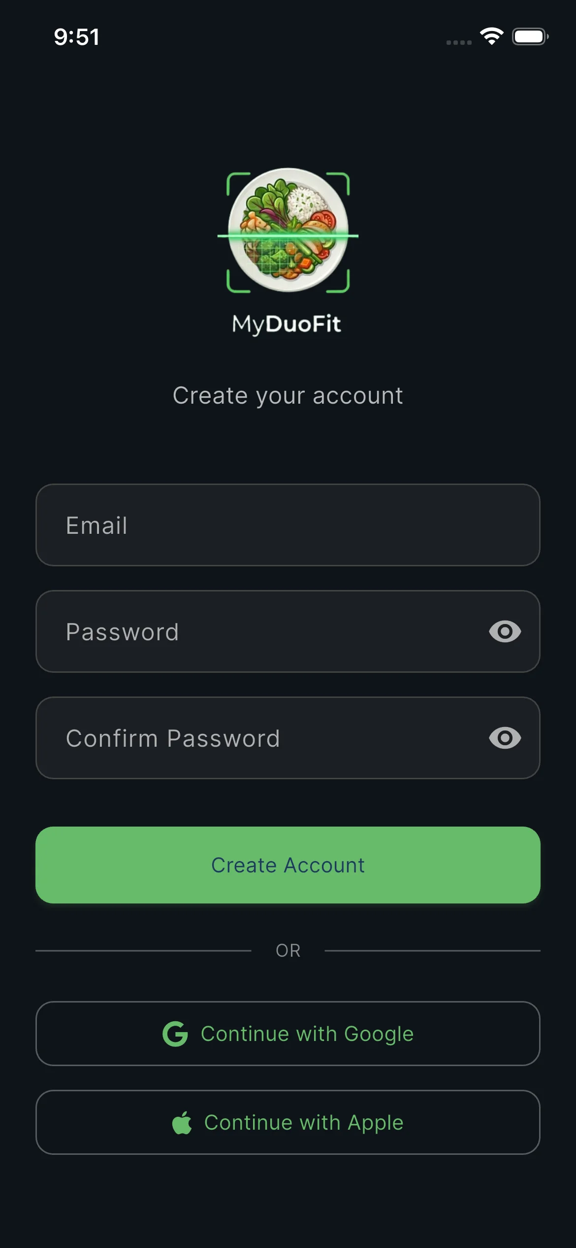 Create account screen with email and password fields