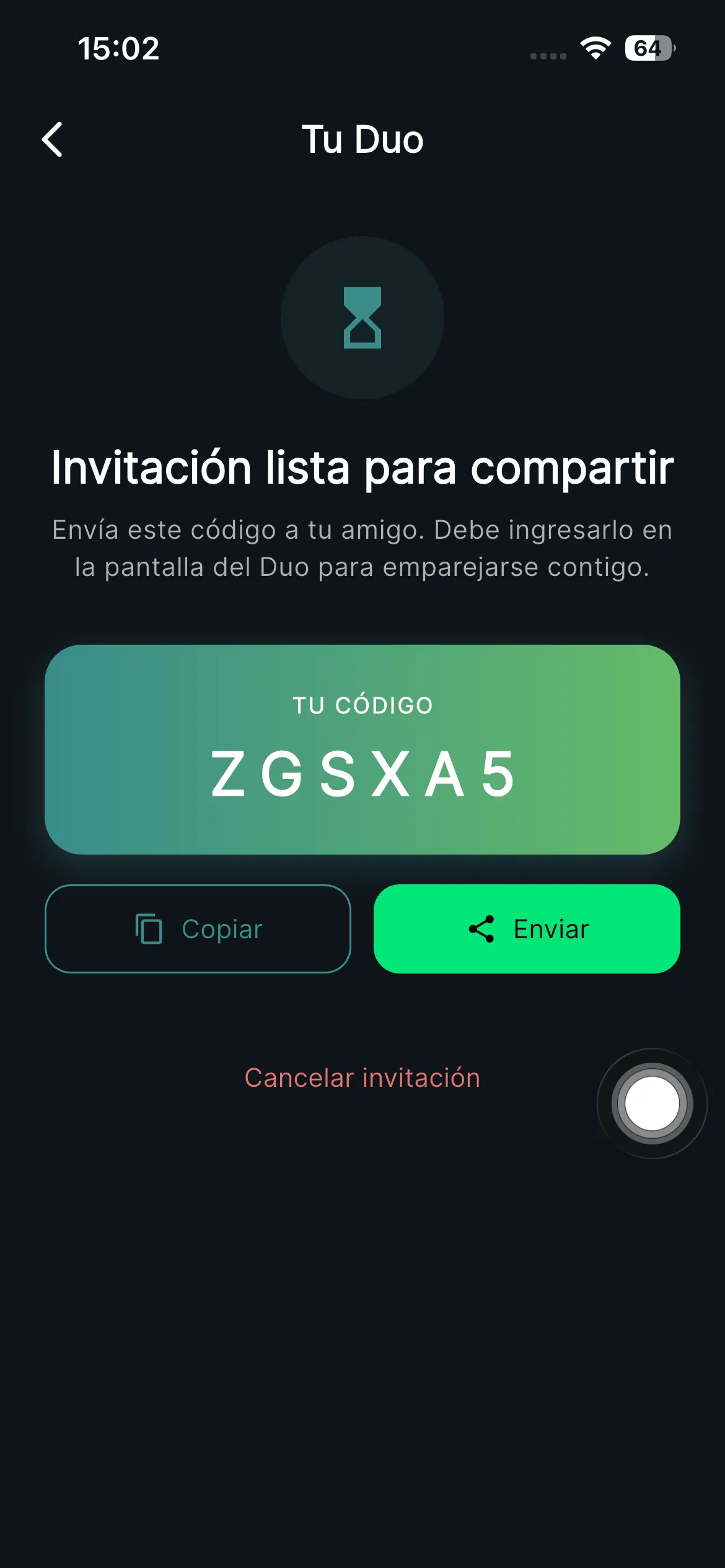Pantalla de invitación Duo mostrando un código de emparejamiento compartible