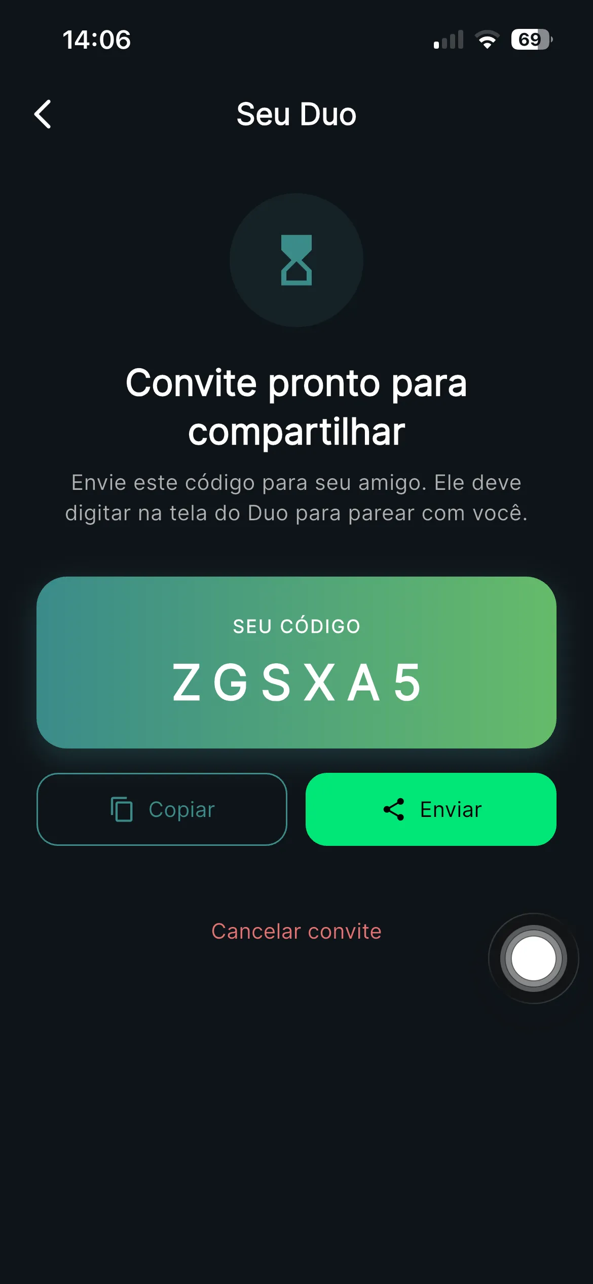 Tela de convite Duo mostrando um código de pareamento compartilhável