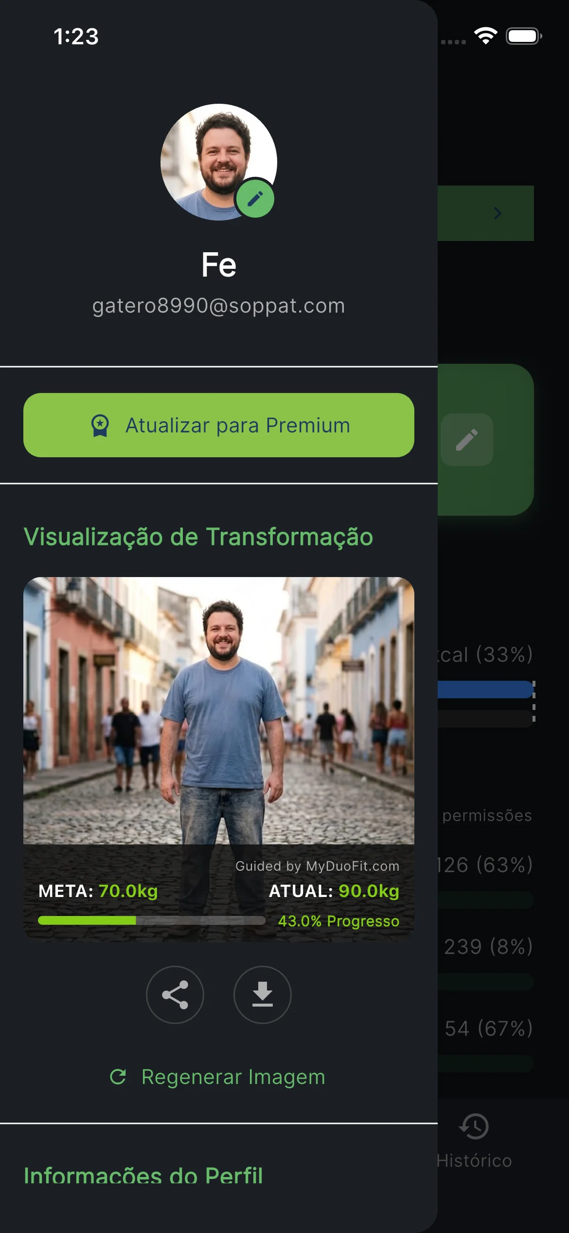 Prévia de transformação por IA com peso atual e meta