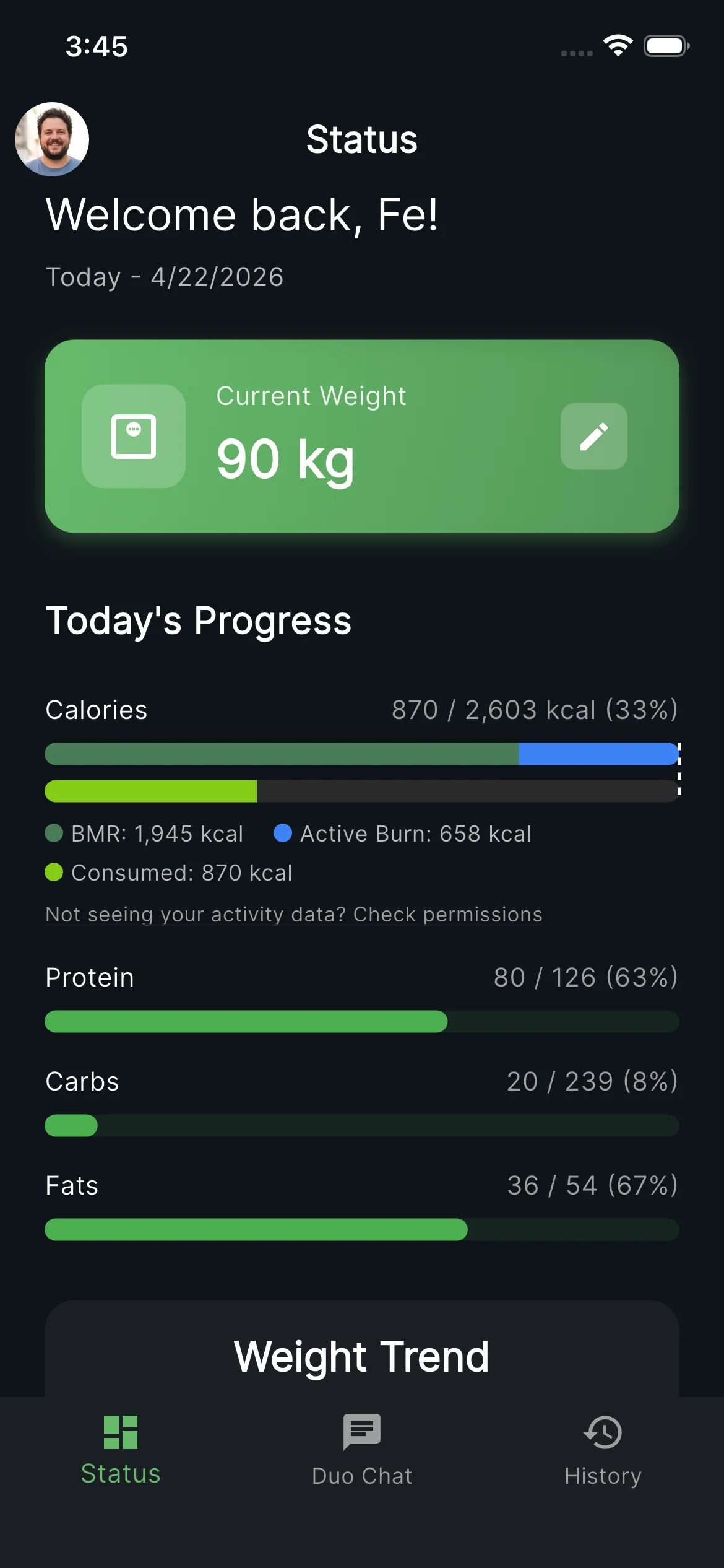 Unified dashboard showing weight, macronutrients, and calorie burn breakdown