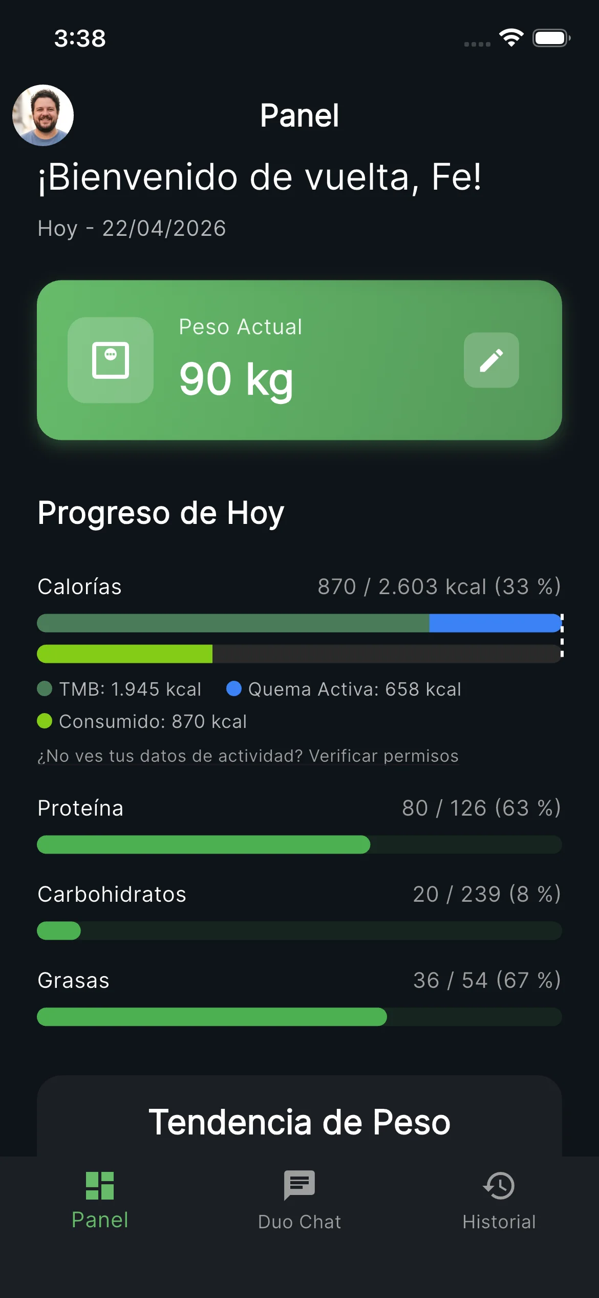 Panel unificado con peso, macronutrientes y quema calórica
